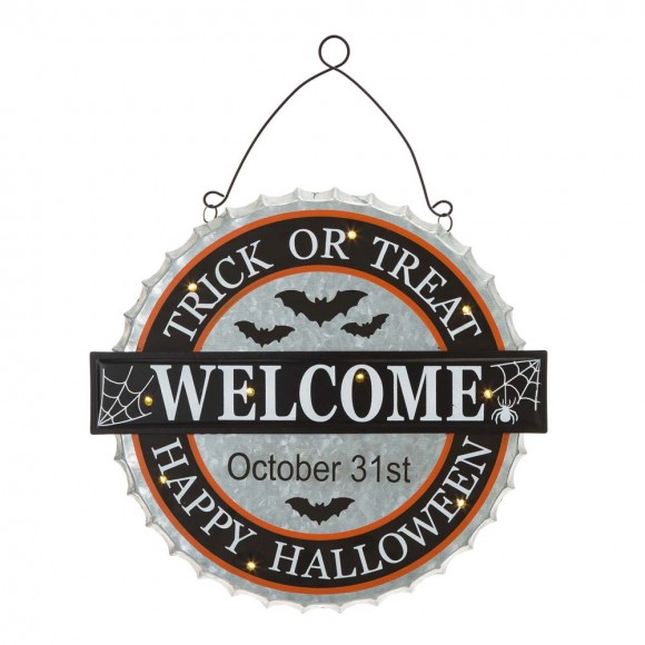 Glitzhome 14"L Lighted Halloween WELCOME Metal Bottle Cap Wall Sign