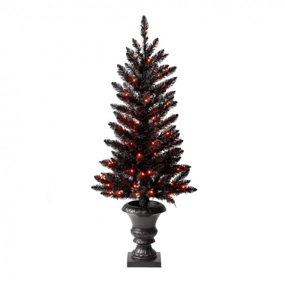 Glitzhome 4 ft Lighted Black PVC Tips Porch Tree With 100 Orange LED Lights