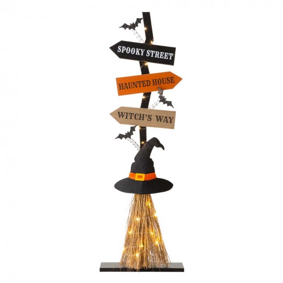 Glitzhome 42"H Lighted Wooden Witch's Broom Porch Decor