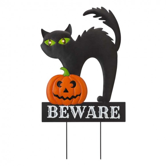 Glitzhome 32"H Lighted Halloween Metal Black Cat Yard Stake or Hanging Decor (Two Functions) 