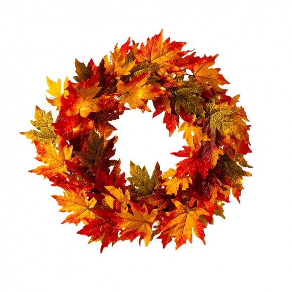 Glitzhome 24"D Fall Lighted Maple Leaves Wreath