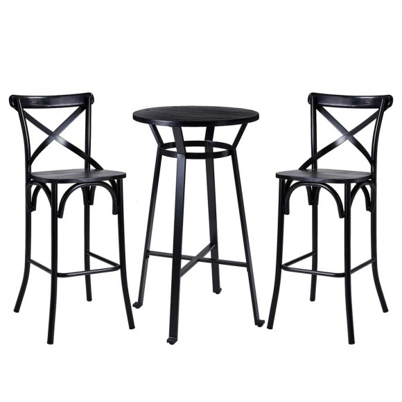 Glitzhome Set of 2 Black Steel Bar Chairs and a Round Top Pub Table (3-Piece)