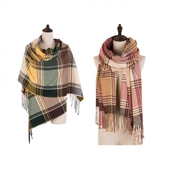 eUty Oversized Fashion Multicolor Plaid Scarf with Tassels, Set of 2