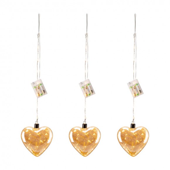 Glitzhome 25.75"H 3 Piece Glass Heart Ornaments with String Lights