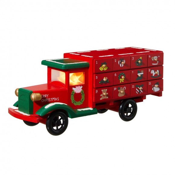 Glitzhome 14.5"L Wooden Christmas Truck Countdown Calendar with Drawer