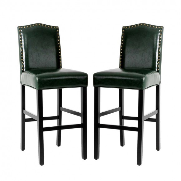 Glitzhome 45"H Hunter Green PU Leather Upholstered Bar Chair with Studded Decor, Set of 2