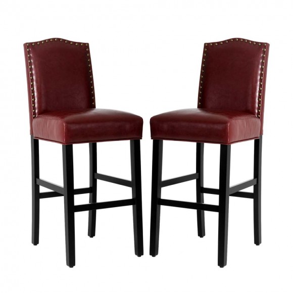 Glitzhome 45"H Burgundy PU Leather Upholstered Bar Chair with Studded Decor, Set of 2