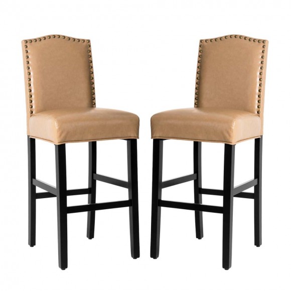 Glitzhome 45"H Beige PU Leather Upholstered Bar Chair with Studded Decor, Set of 2