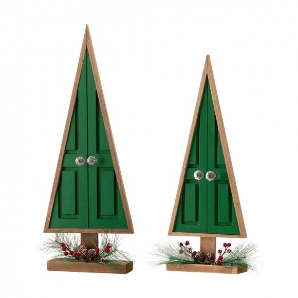 Glitzhome Wooden Christmas Table Tree Décor with Floral Decorations, Set of 2