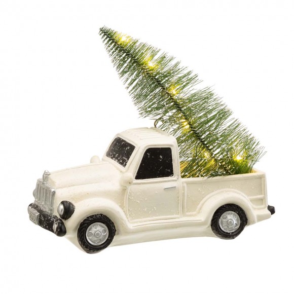 Glitzhome 11"L White Pickup Truck Table Decor with Lighted Decorated trees