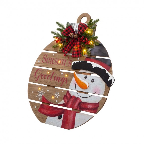 Glitzhome 30"H Lighted Round Wooden Snowman Porch Décor