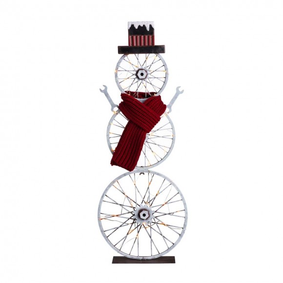 Glitzhome 34"H Lighted Metal Bike Wheel Snowman Porch Décor with Red Knitted Scarf