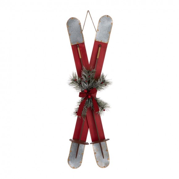 Glitzhome 35"H Red Christmas Wooden/Galvanized Ski Décor