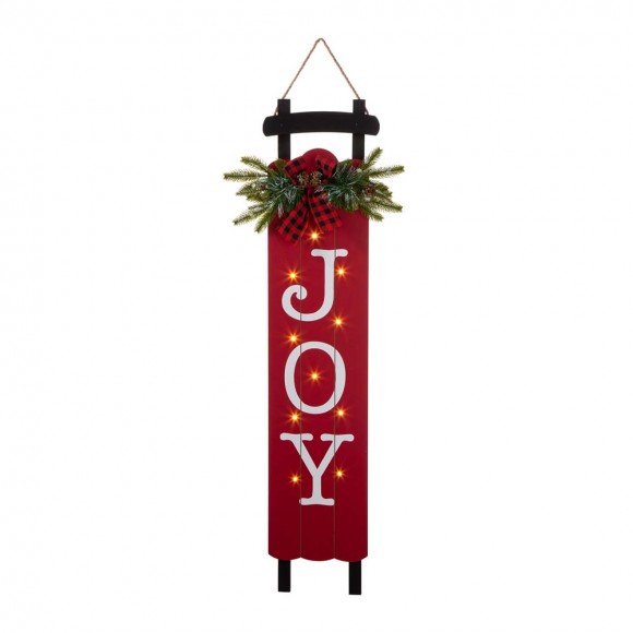 Glitzhome 40"H Lighted Wooden Sleigh "JOY" Porch Sign Board