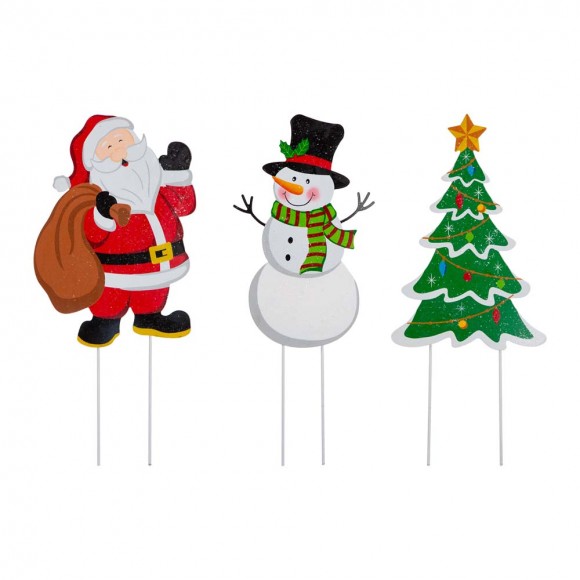Glitzhome 24"H Set of 3 Metal Santa/Snowman/Tree Yard Stake or Wall Décor (2 Functions)