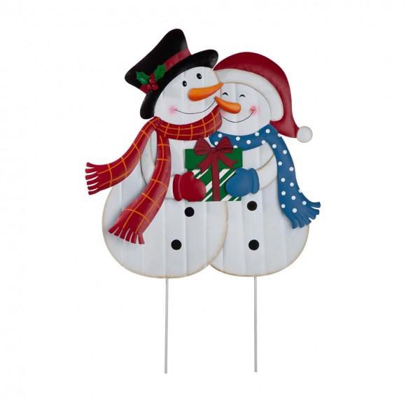 Glitzhome 30"H Metal Lovely Snowman Couple Yard Stake or Standing Decor or Wall Décor (3 Functions)