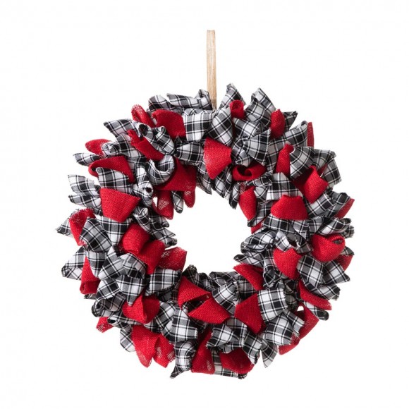 Glitzhome 18.5"D Christmas Black and White Plaid Fabric Wreath