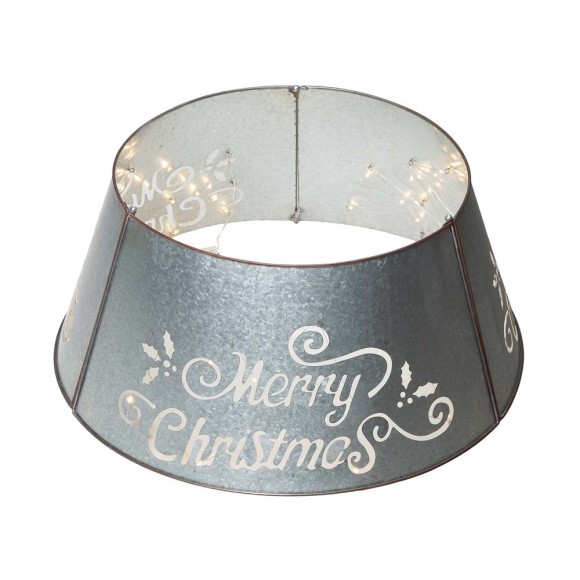 Glitzhome 22"D Galvanized "Merry Christmas" Cutout Metal Tree Collar with Light String