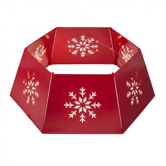 Glitzhome 26"D Red Hexagonal Metal Cutout Snowflake Tree Collar with Light String