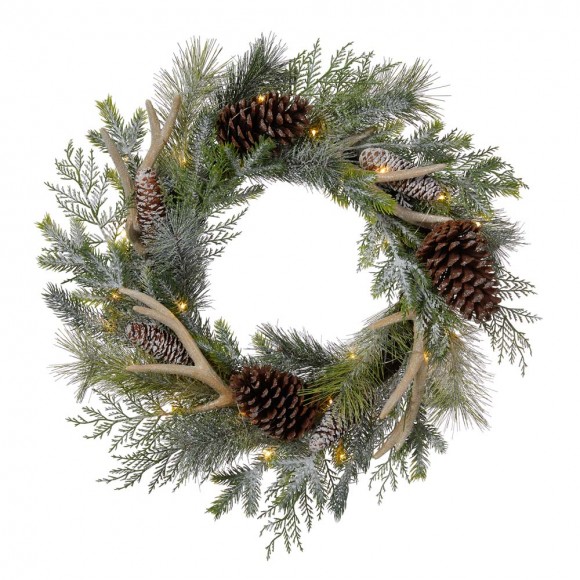 Glitzhome 24"D Flocked Pinecone & Antler Wreath With Lights ( Timer Included )