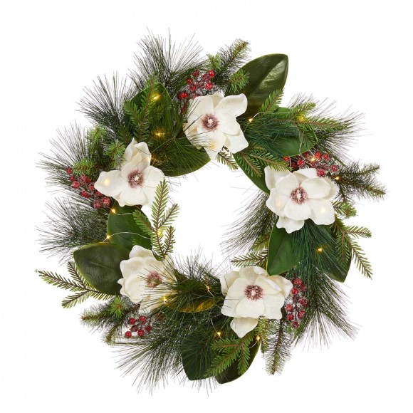 Glitzhome 24"D Iced Magnolia Berry Pine Wreath With Lights