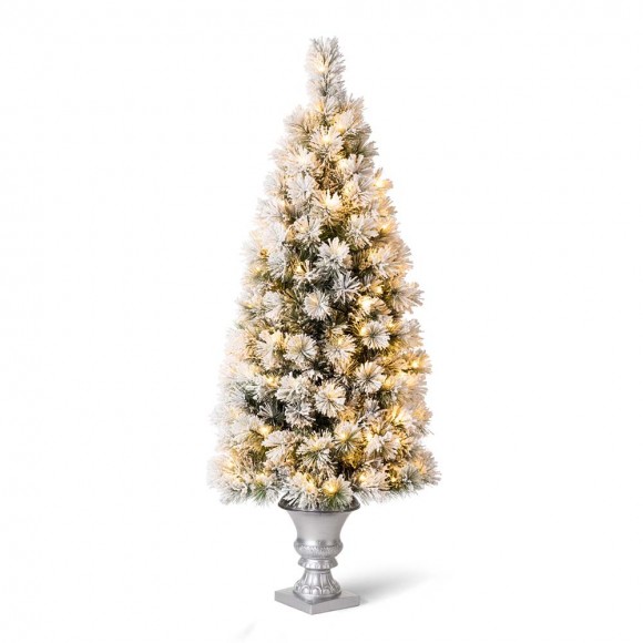 Glitzhome 5ft Pre-Lit Snow Flocked Pine Artificial Christmas Porch Tree with 150 Warm White Lights