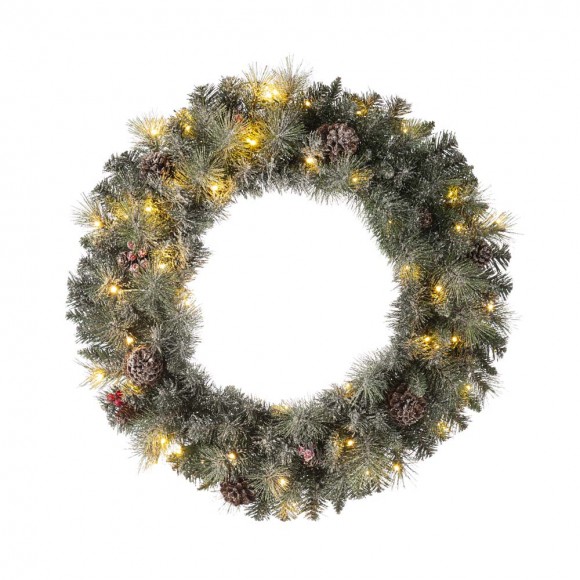 Glitzhome 30"D Pre-Lit Glittered Pine Cone Christmas Wreath with 50 Warm White Lights