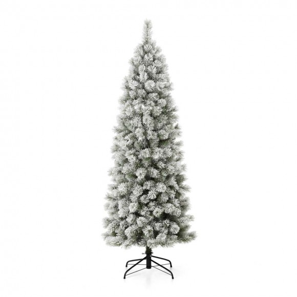 Glitzhome 7.5ft Pre-Lit Snow Flocked Pencil Pine Artificial Christmas Tree with 350 Warm White Lights