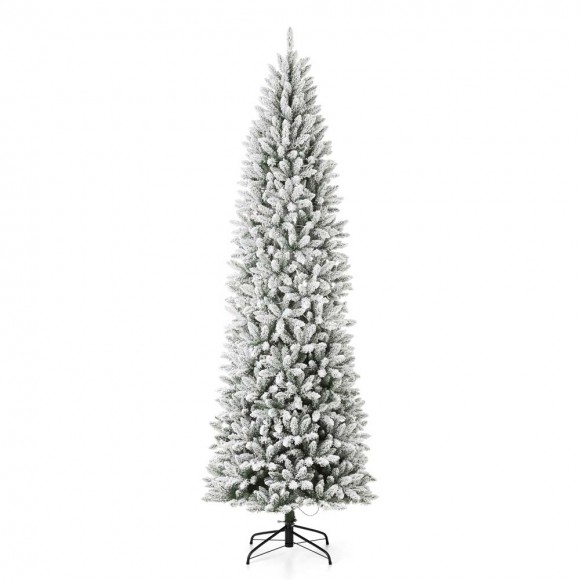 Glitzhome 9ft Pre-Lit Flocked Pencil Fir Artificial Christmas Tree with 600 Warm White Lights
