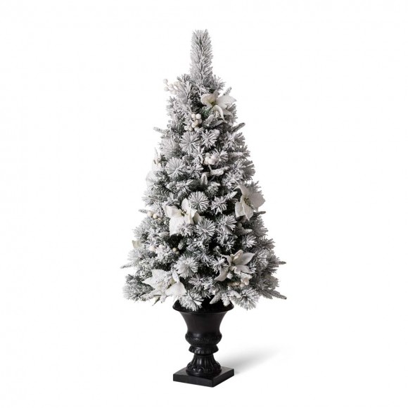 Glitzhome 4ft Pre-Lit Pine Artificial Christmas Porch Tree with 100 Warm White Lights and Poinsettias