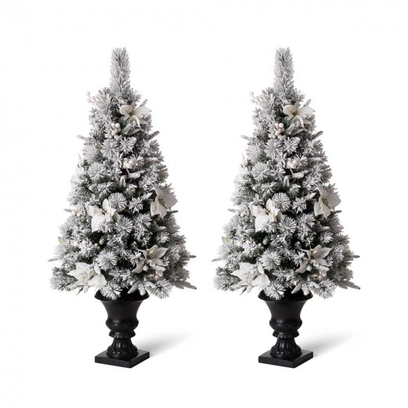 Glitzhome 4ft Pre-Lit Pine Artificial Christmas Porch Tree with 100 Warm White Lights and Poinsettias, Set of 2