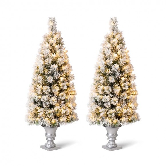 Glitzhome 5ft Pre-Lit Snow Flocked Pine Artificial Christmas Porch Tree with 150 Warm White Lights, Set of 2