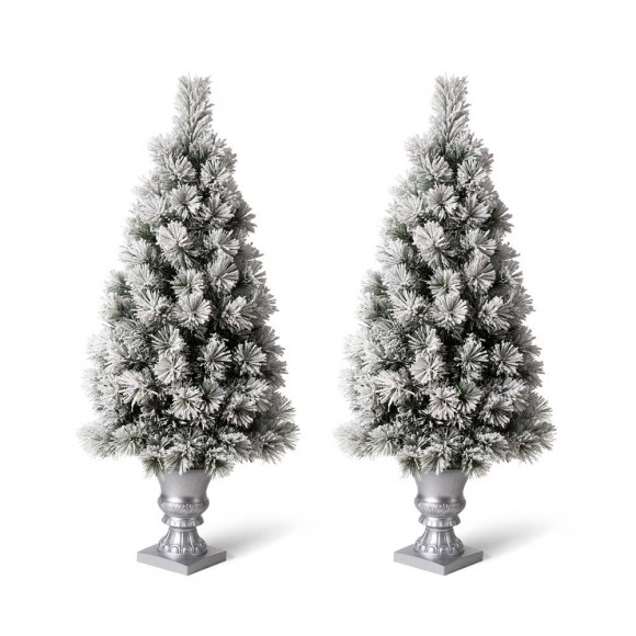 Glitzhome 4ft Pre-Lit Snow Flocked Pine Artificial Christmas Porch Tree with 100 Warm White Lights, Set of 2