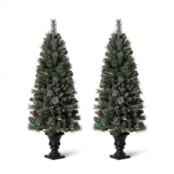 Glitzhome 5ft Pre-Lit Green Flocked Pine Artificial Christmas Porch Tree with 130 Warm White Lights, Set of 2