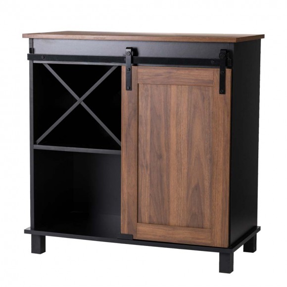 Glitzhome 31.50"L Modern Industrial Black/Walnut Wine Cabinet with Natural Top and Sliding Door