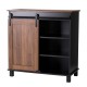 Glitzhome 31.50"L Modern Industrial Black/Walnut Wine Cabinet with Natural Top and Sliding Door