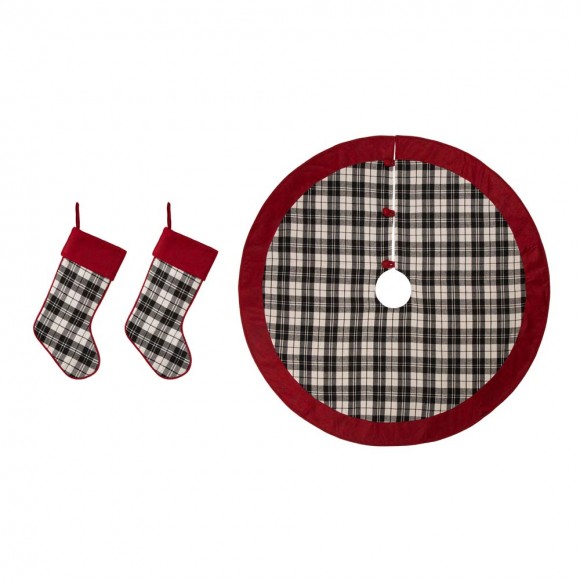 Glitzhome 2pk Black & White Plaid Fabric Christmas Stockings and 1 Tree skirt, Set of 3