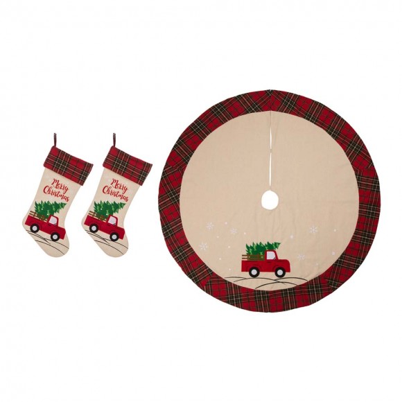 Glitzhome 2pk Embroidered Linen Red Truck Christmas Stockings and 1 Tree Skirt Set of 3