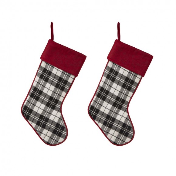 Glitzhome 2pk 20"L Black & White Plaid Fabric Christmas Stocking