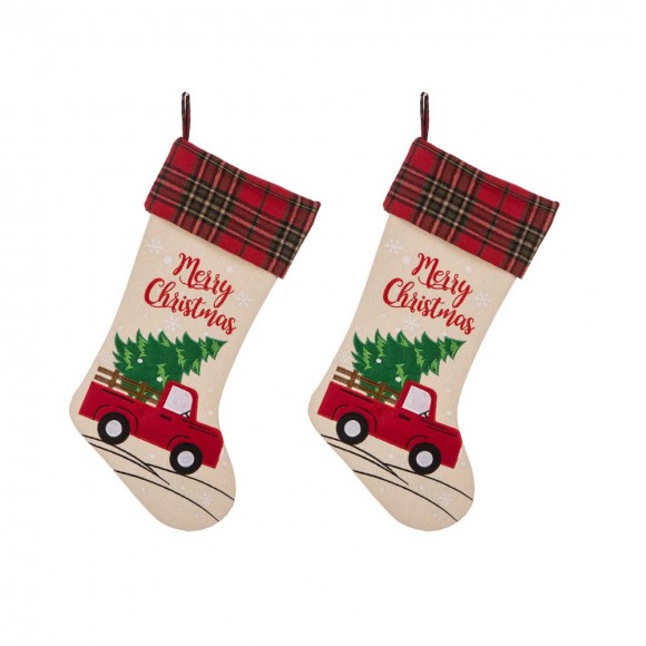 Glitzhome 2pk 21''L Embroidered Linen Red Truck Christmas Stocking