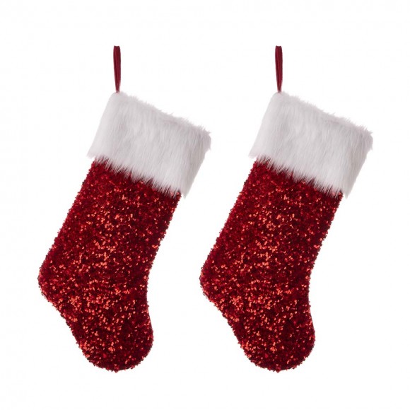 Glitzhome 2pk 21"L Red Sequin Christmas Stocking with Faux Fur Cuff