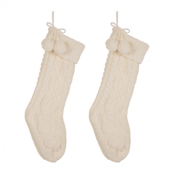 Glitzhome 2pk 24"L White Knitted Polyester Christmas Stocking with Pom Pom Ball