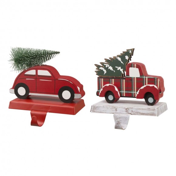 Glitzhome Wooden/Metal Red Car & Truck  Stocking Holder, Set of 2