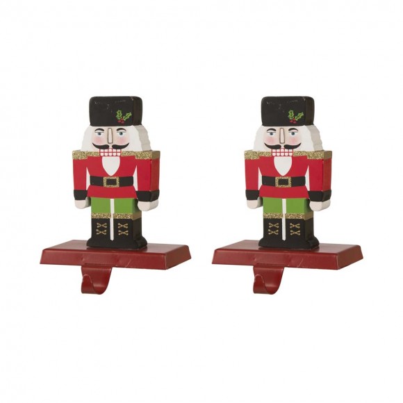 Glitzhome 2PK 7.00"H Wooden/Metal Nutcracker Stocking Holder