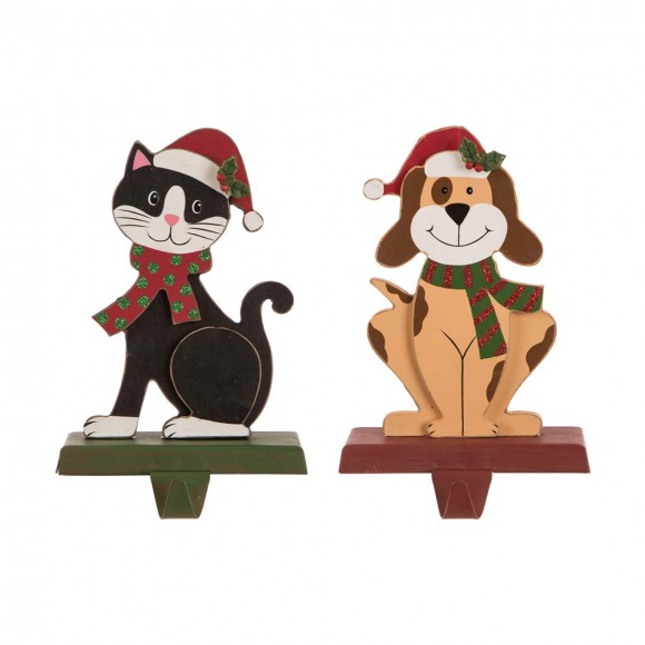 Glitzhome Wooden/Metal Cat & Dog Stocking Holder, Set of 2