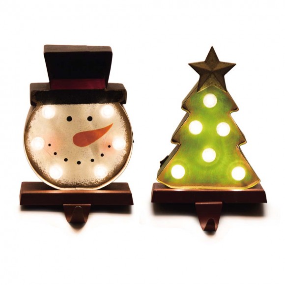 Glitzhome Marquee LED Snowman Head & Tree Stocking Holder, Set of 2