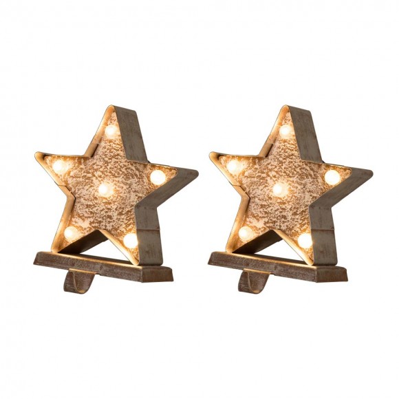 Glitzhome 2PK 7.50"H Marquee LED Wooden/Metal Star Stocking Holder