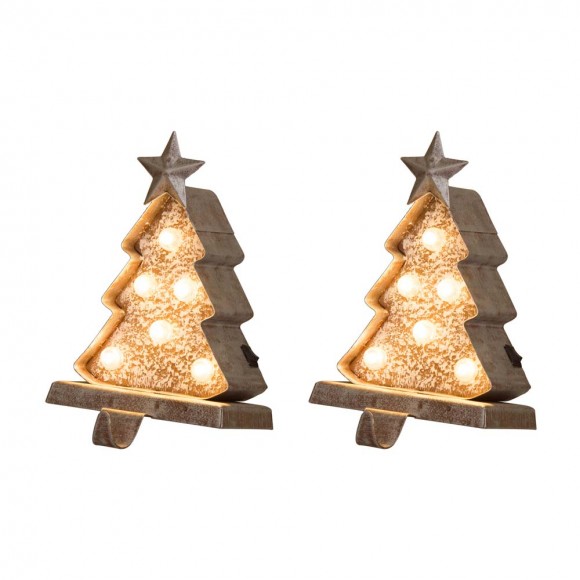 Glitzhome 2PK 7.50"H Marquee LED Wooden/Metal Christmas Tree Stocking Holder