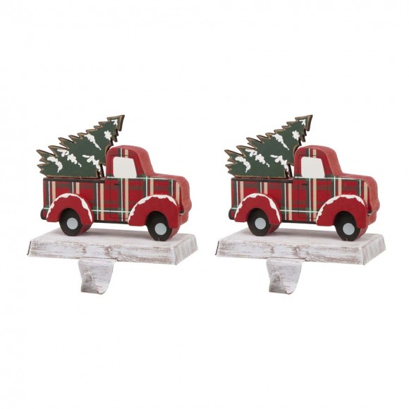 Glitzhome 2PK 6.12"H Wooden/Metal Red Truck Stocking Holder