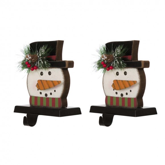 Glitzhome 2PK 6.50"H Wooden/Metal Snowman Head Stocking Holder